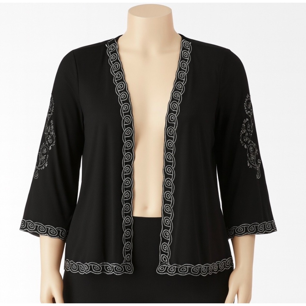 Antthony Jacket Womens M Black Embroidered Open Front 3/4 Sleeve Boho Topper